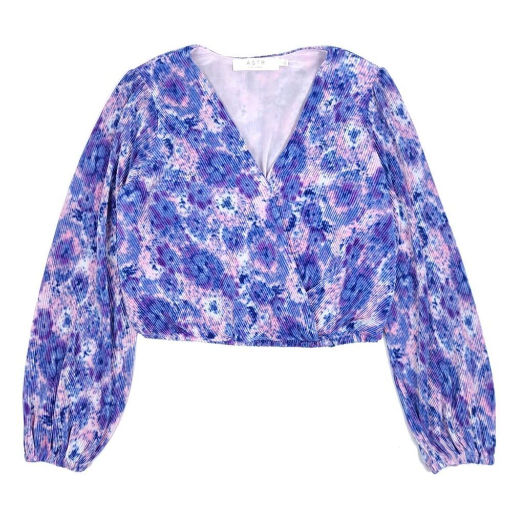 Astr Pleated Balloon Long Sleeve Wrap Crop Top Purple Pink Tie Dye Boho Small